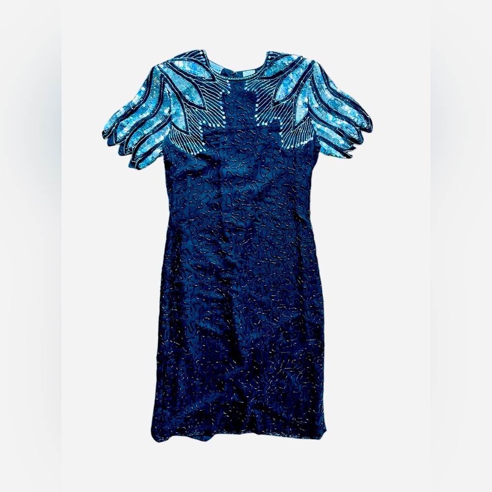 Vintage STENAY Silk Beaded Sequin black formal party dress sheath knee-length 8